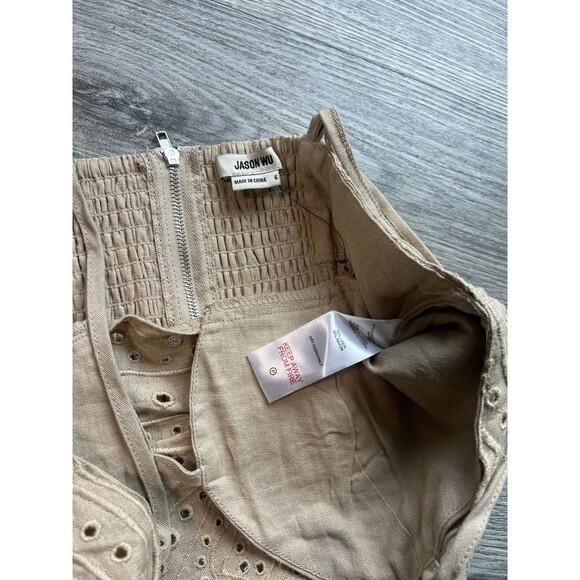 NWT Jason Wu Women Spaghetti Strap Linen Eyelet Smocked Crop Top Sand NWOT Sz 6 - Picture 4 of 8